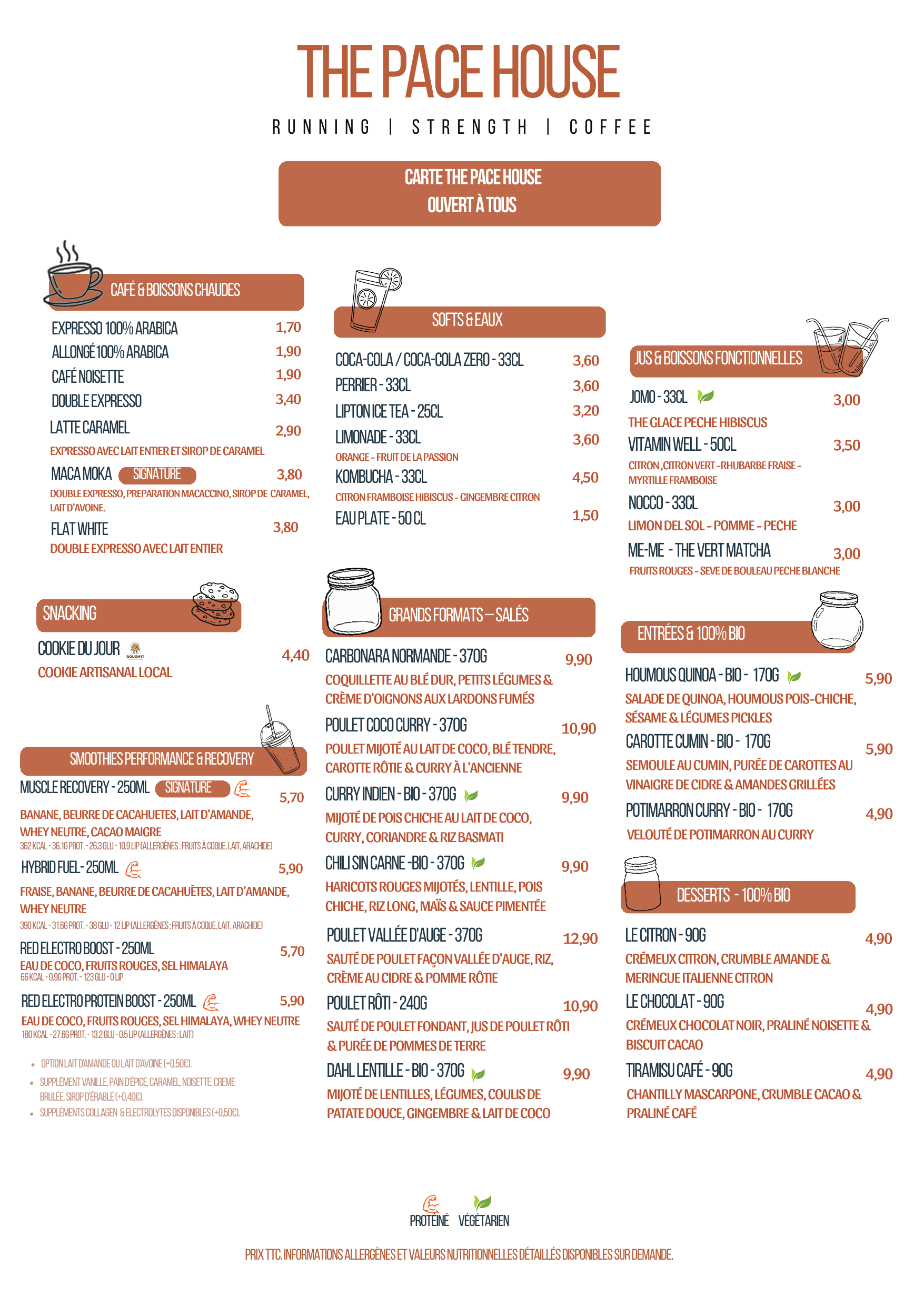 Carte du coffee shop The Pace House à Caen : cafés et boissons chaudes, softs, jus et boissons fonctionnelles, snacking, smoothies performance & recovery, grands formats salés, entrées et desserts bio